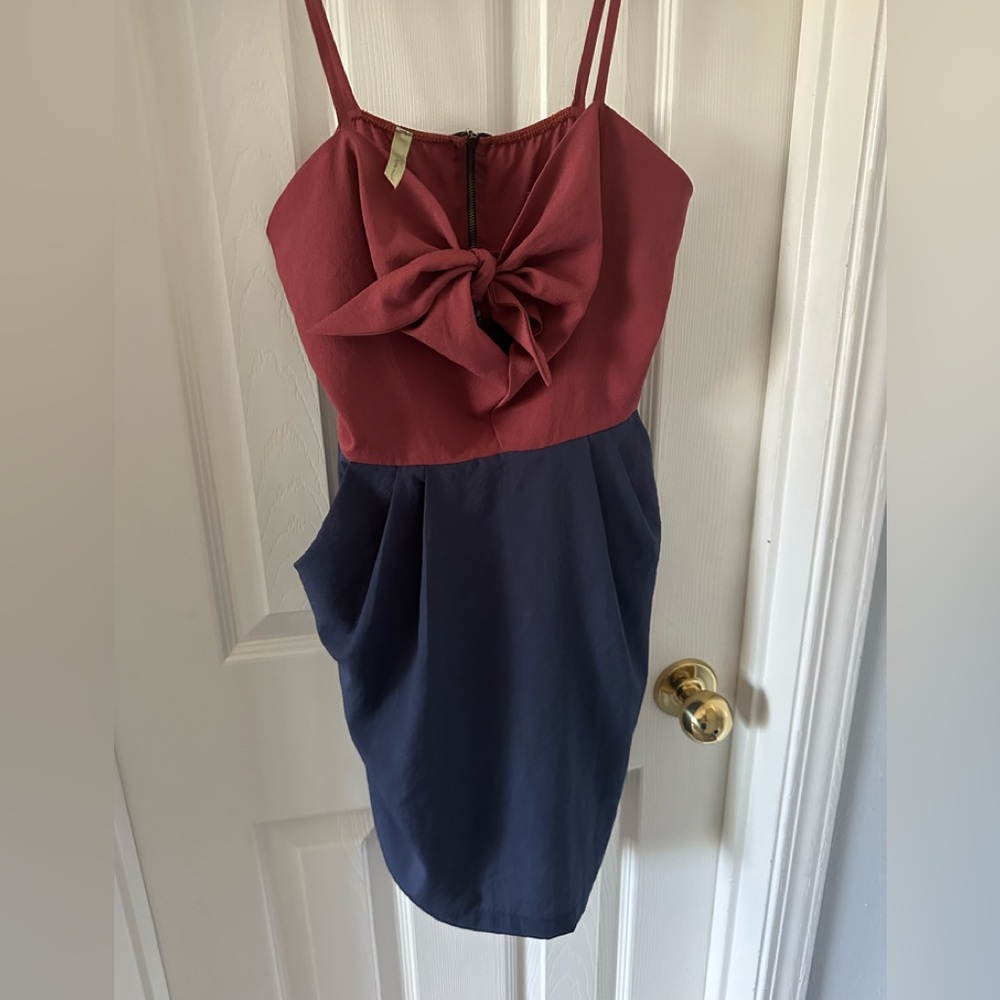 Peppermint Strapless Dress in Red and Blue with Front Tie Bow